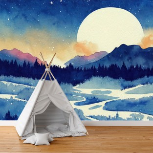 Papel pintado o fotomural acuarela paisaje con pinos luna y estrellas Papel pintado o fotomural acuarela paisaje con pinos luna y estrellas
