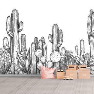 Papel pintado o fotomural dibujo cactus blanco y negro Papel pintado o fotomural dibujo cactus blanco y negro