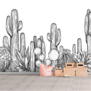 Papel pintado o fotomural dibujo cactus blanco y negro