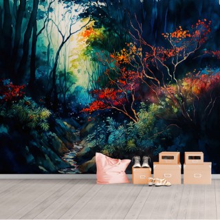 Papel pintado o fotomural dibujo bosque frondoso acuarela