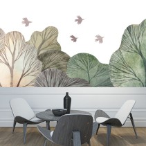 Fotomural o papel pintado ilustración bosque pájaros