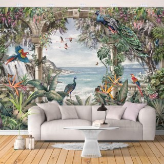Papel pintado o fotomural paisaje mar y aves tropicales