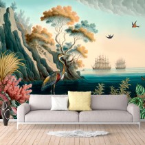 Papel pintado o fotomural dibujo clásico barcos y aves