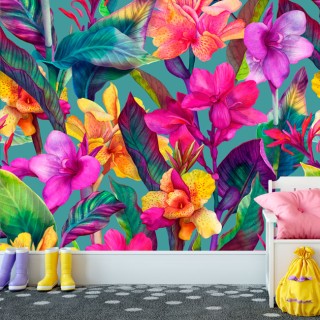 Papel pintado o fotomural dibujo flores tropicales