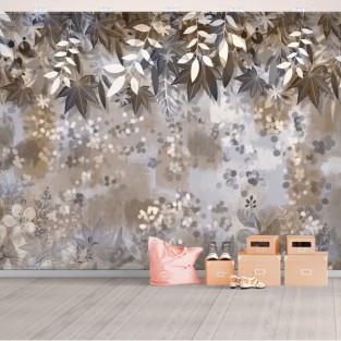 Papel pintado o fotomural dibujo acuarela flores y hojas