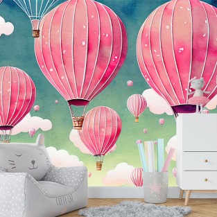 Fotomural dibujo globos rosa en el cielo infantil Fotomural dibujo globos rosa en el cielo infantil