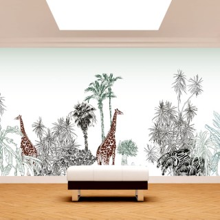 Papel pintado o fotomural dibujo palmeras jirafas y zebras