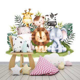 Papel pintado o fotomural acuarela animales infantil