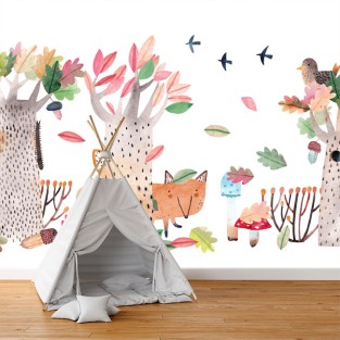 Fotomural infantil acuarela de bosque y animales Fotomural infantil acuarela de bosque y animales
