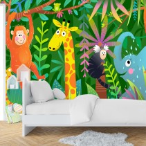 Papel pintado infantil mono jirafa elefante en la selva