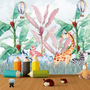 Papel pintado o fotomural dibujo infantil animales y globos Papel pintado o fotomural dibujo infantil animales y globos