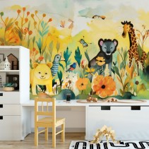 Papel pintado o fotomural dibujo infantil animales en acuarela