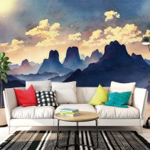 Papel pintado dibujo acuarela montañas atardecer