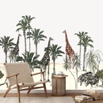 Papel pintado o fotomural paisaje con palmeras jirafas y zebras