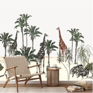 Papel pintado o fotomural paisaje con palmeras jirafas y zebras