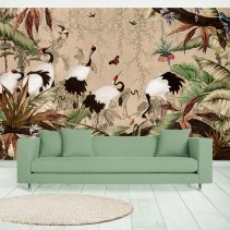 Papel pintado o fotomural dibujo paisaje aves y mariposas