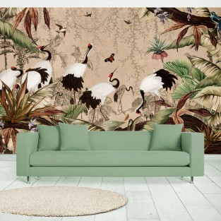 Papel pintado o fotomural dibujo paisaje aves y mariposas