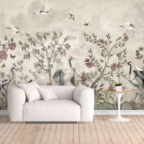 Papel pintado o fotomural dibujo paisaje plantas y aves
