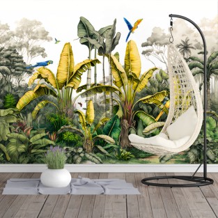 Papel pintado o fotomural dibujo paisaje tropical guacamayos
