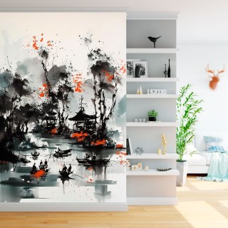 Papel pintado o fotomural pintura paisaje japonés en tinta