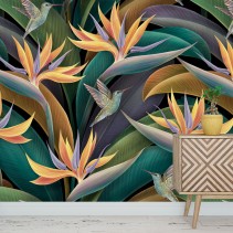Papel pintado o fotomural planta ave del paraíso y colibrí