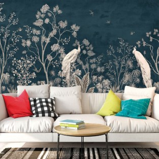 Papel pintado o fotomural dibujo  vintage de plantas y aves