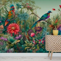 Papel pintado o fotomural flores y aves tropicales