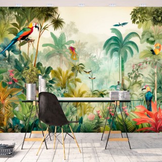 Papel pintado o fotomural selva tropical aves y guacamayos
