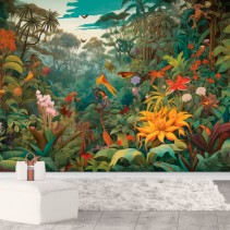 Papel pintado o fotomural selva tropical flores y aves