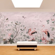 Papel pintado o fotomural vintage flores plantas y flamingos