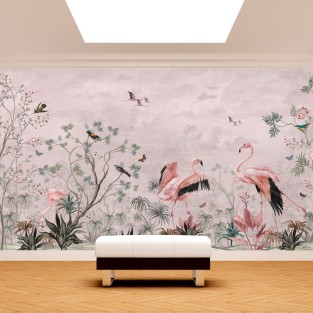 Papel pintado o fotomural vintage flores plantas y flamingos