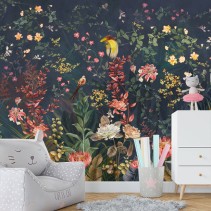 Papel pintado dibujo flores y aves vintage