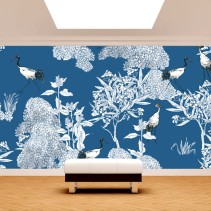 Papel pintado o fotomural vintage azul árboles y grullas