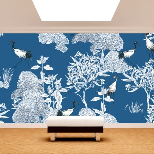 Papel pintado o fotomural vintage azul árboles y grullas