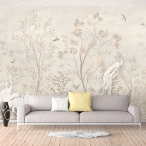 Papel pintado o fotomural dibujo vintage grullas plantas y golondrinas