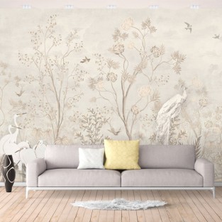 Papel pintado o fotomural dibujo vintage grullas plantas y golondrinas