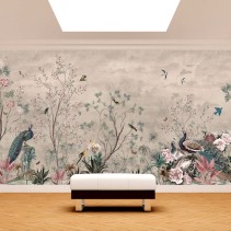 Papel pintado vintage pavo real y flores