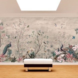Papel pintado vintage pavo real y flores