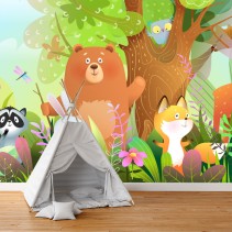 Papel pintado o fotomural dibujos animales bosque infantil