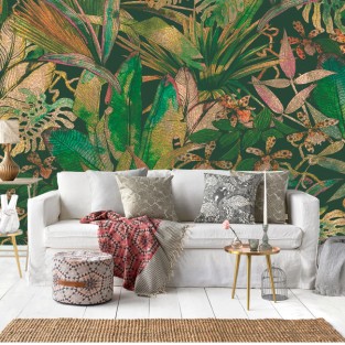 Papel pintado o fotomural patrón flores y plantas tropicales