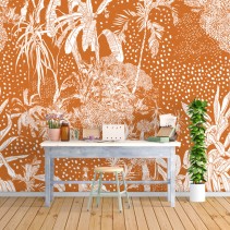 Papel pintado o fotomural dibujo naranja vintage plantas