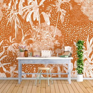 Papel pintado o fotomural dibujo naranja vintage plantas