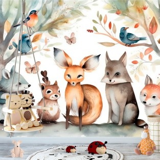 Papel pintado  ilustración infantil acuarela animales y aves