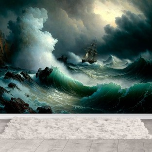 Papel pintado o fotomural ilustración barco navegando la tormenta Papel pintado o fotomural ilustración barco navegando la tormenta