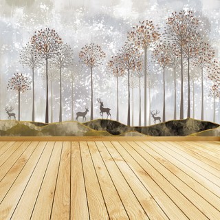 Papel pintado o fotomural ilustración bosque otoño ciervos