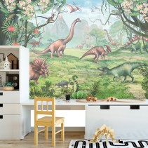 Fotomural ilustración dinosaurios en el bosque