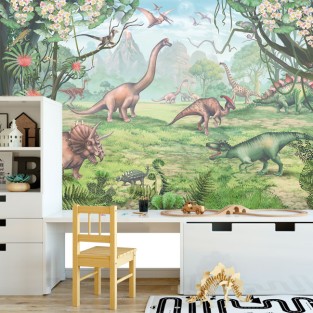 Fotomural ilustración dinosaurios en el bosque
