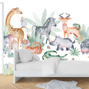 Papel pintado o fotomural ilustración infantil acuarela animales