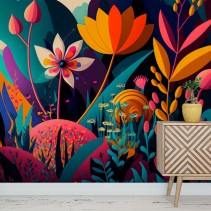 Papel pintado o fotomural dibujo flores y plantas coloridas