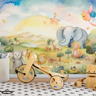 Papel pintado o fotomural ilustración animales infantil en acuarela Papel pintado o fotomural ilustración animales infantil en acuarela